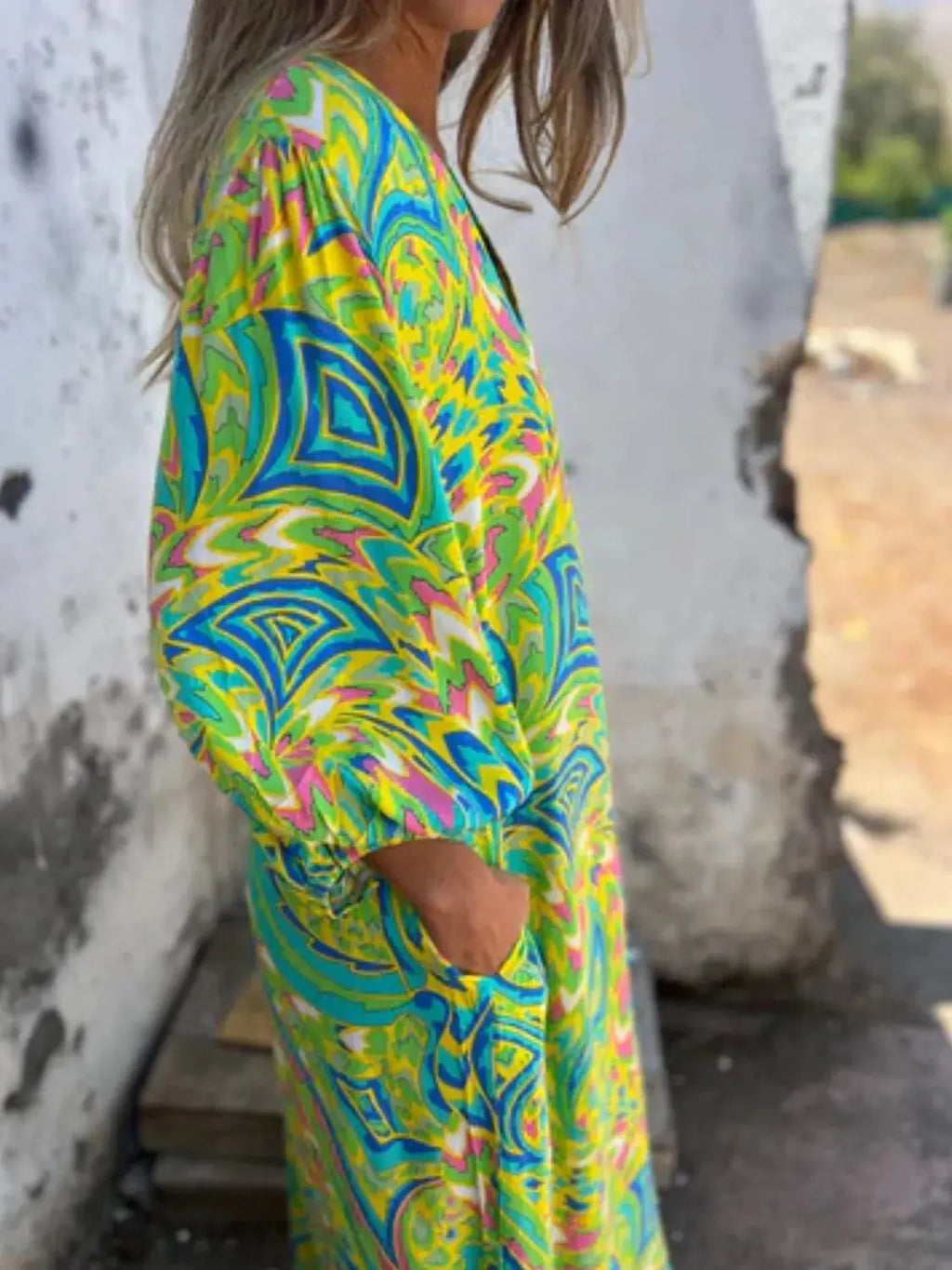 Full Size Printed V-Neck Dress with Pockets Plus Size Trendsi