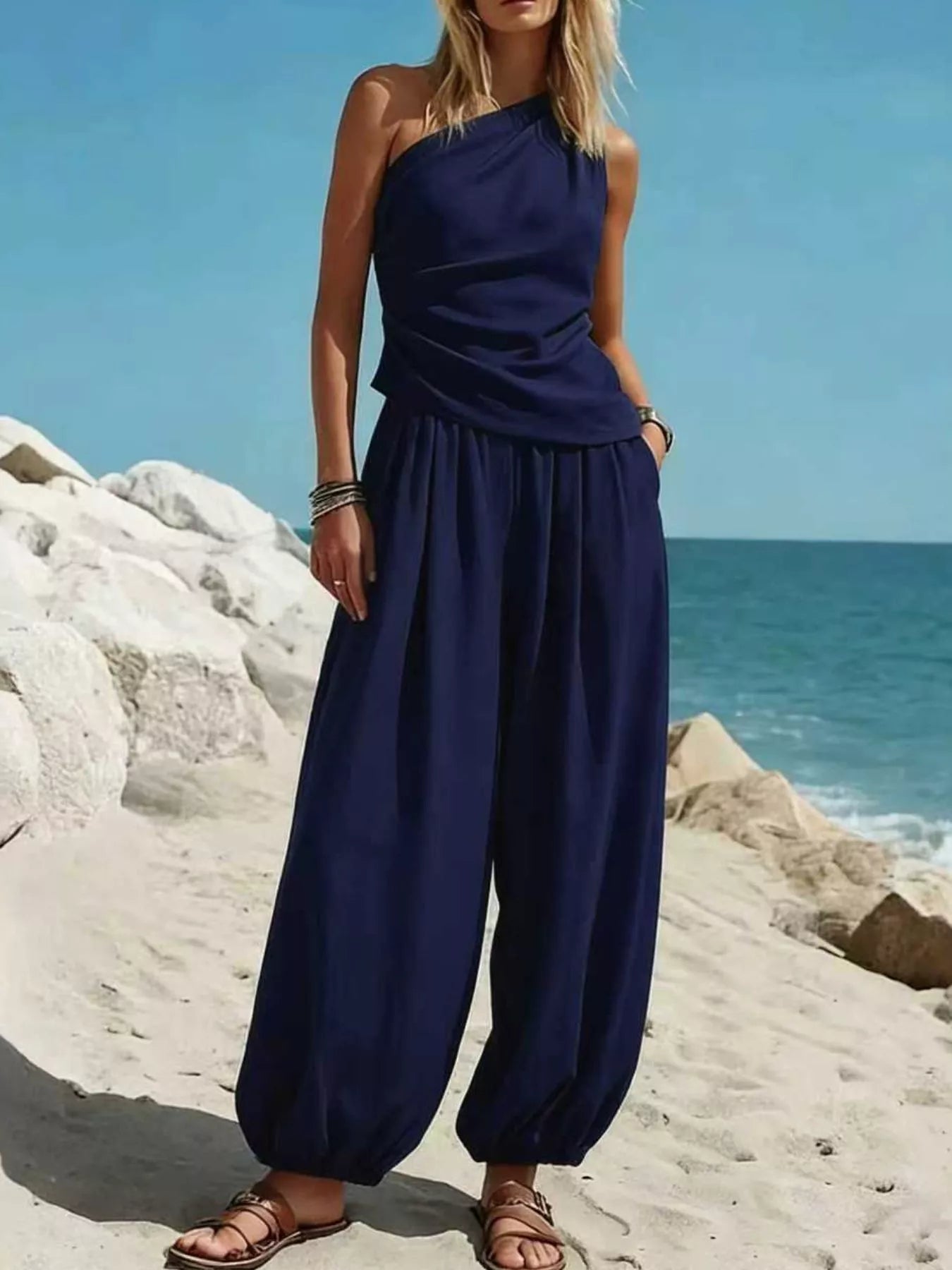Women's Pants Set – One-Shoulder Top & Wide Leg