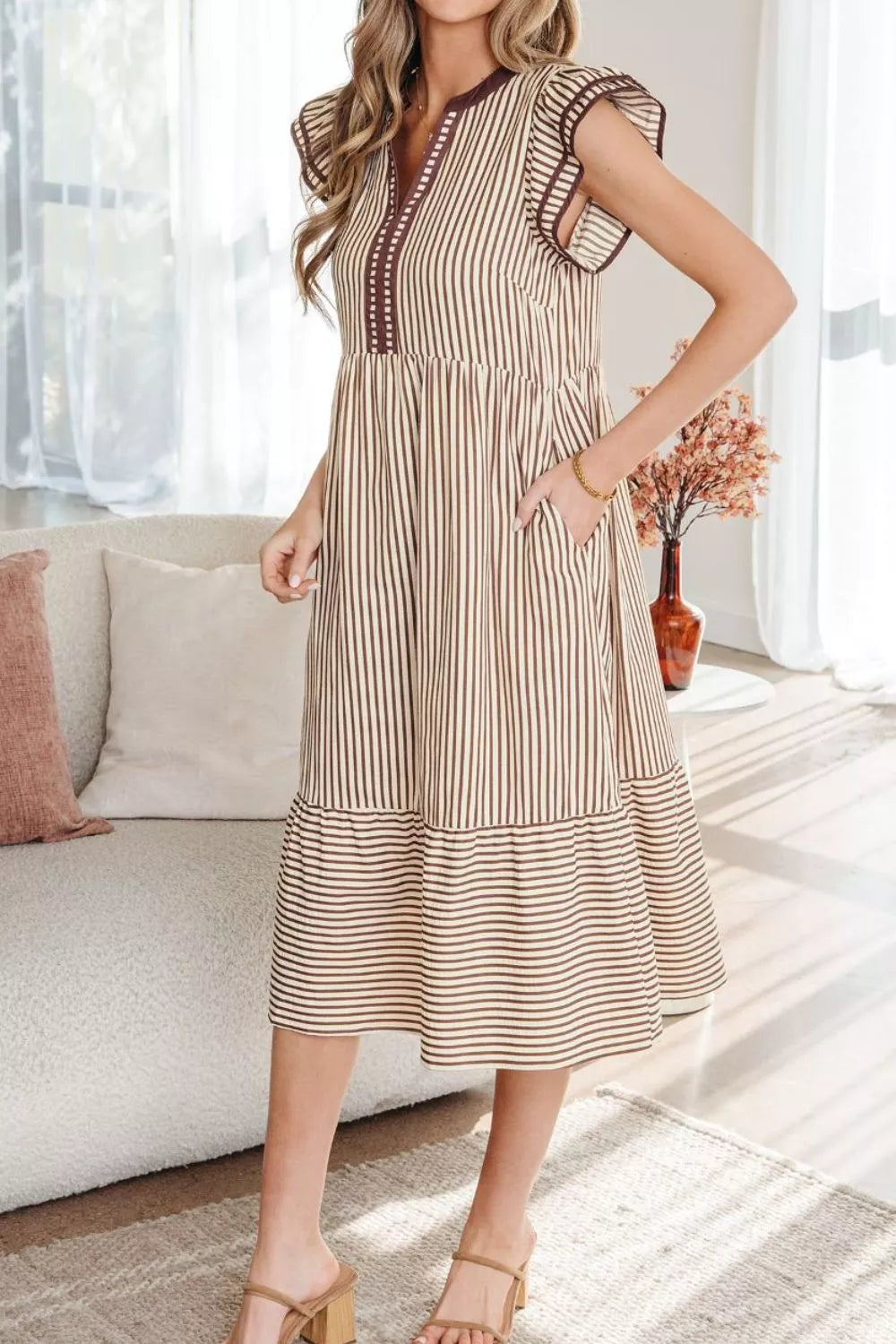 Women's Midi Dress – Striped Flutter Sleeve