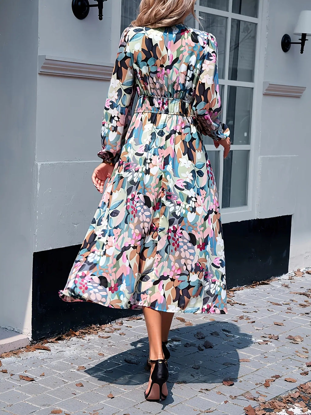 Floral Print Long Sleeve Midi Dress Trendsi