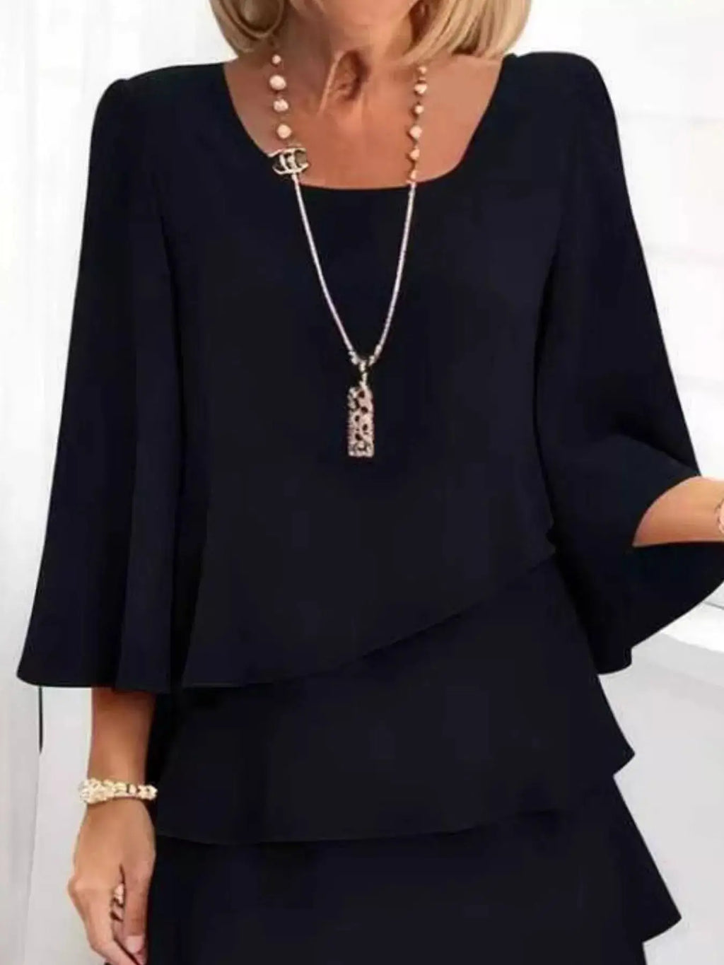 Full Size Ruffled Layered 3/4 Sleeve Dress Plus Size Trendsi