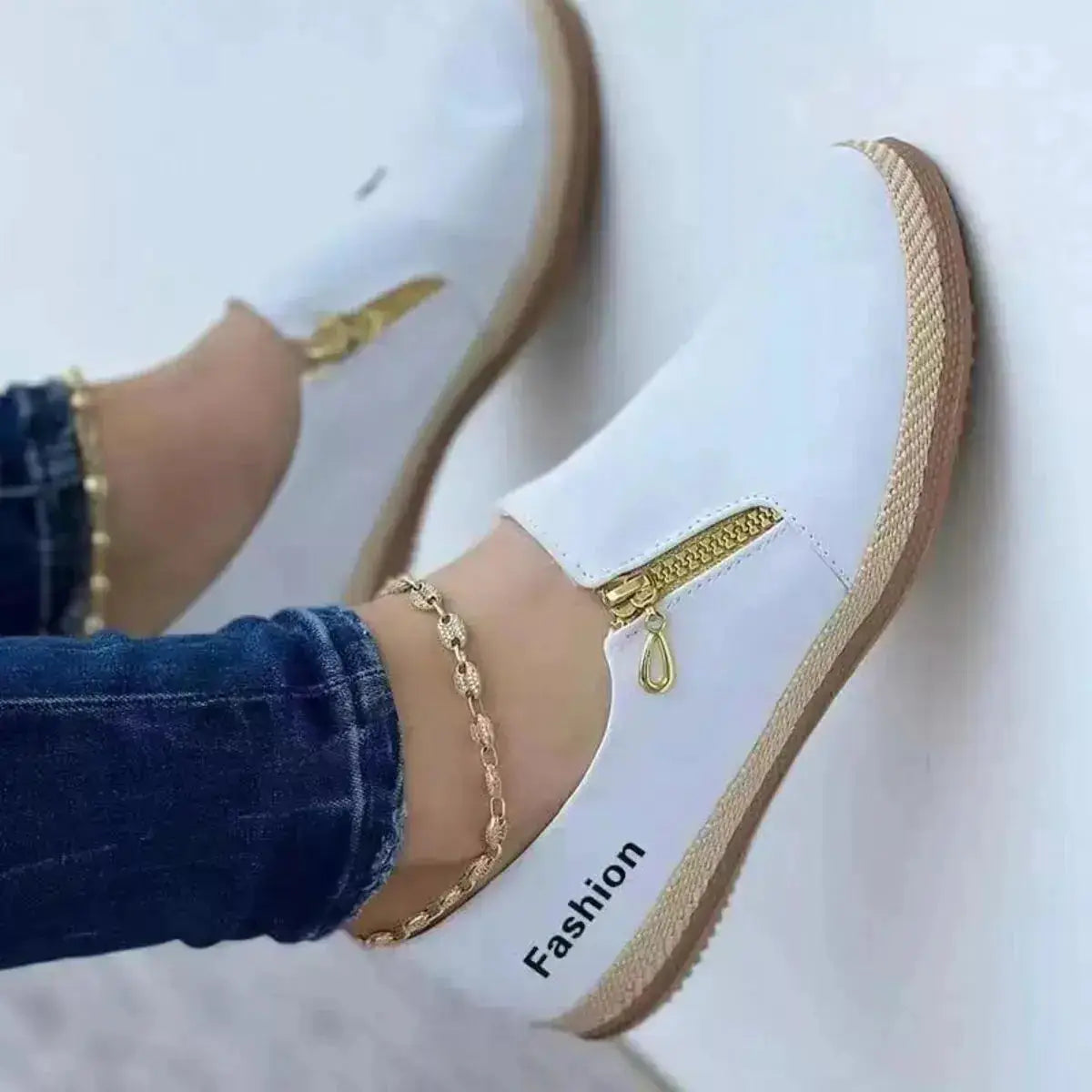 PU Leather Round Toe Slip-On Loafers with Zip Detail by Parfymia