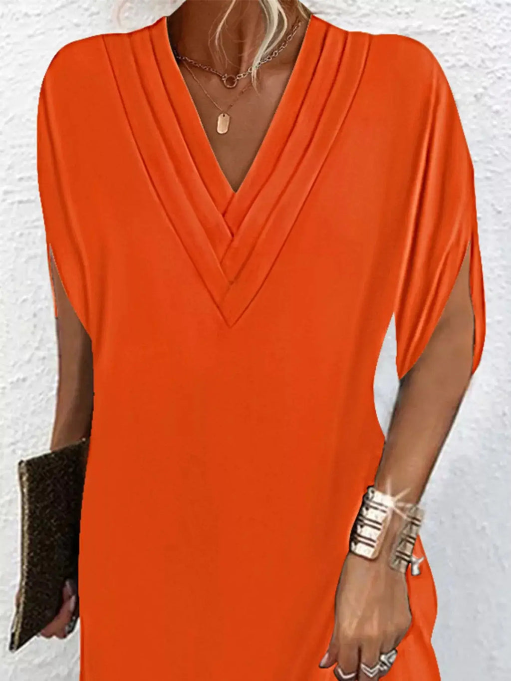 Full Size V-Neck Slit Sleeve Mini Dress Plus Size Trendsi