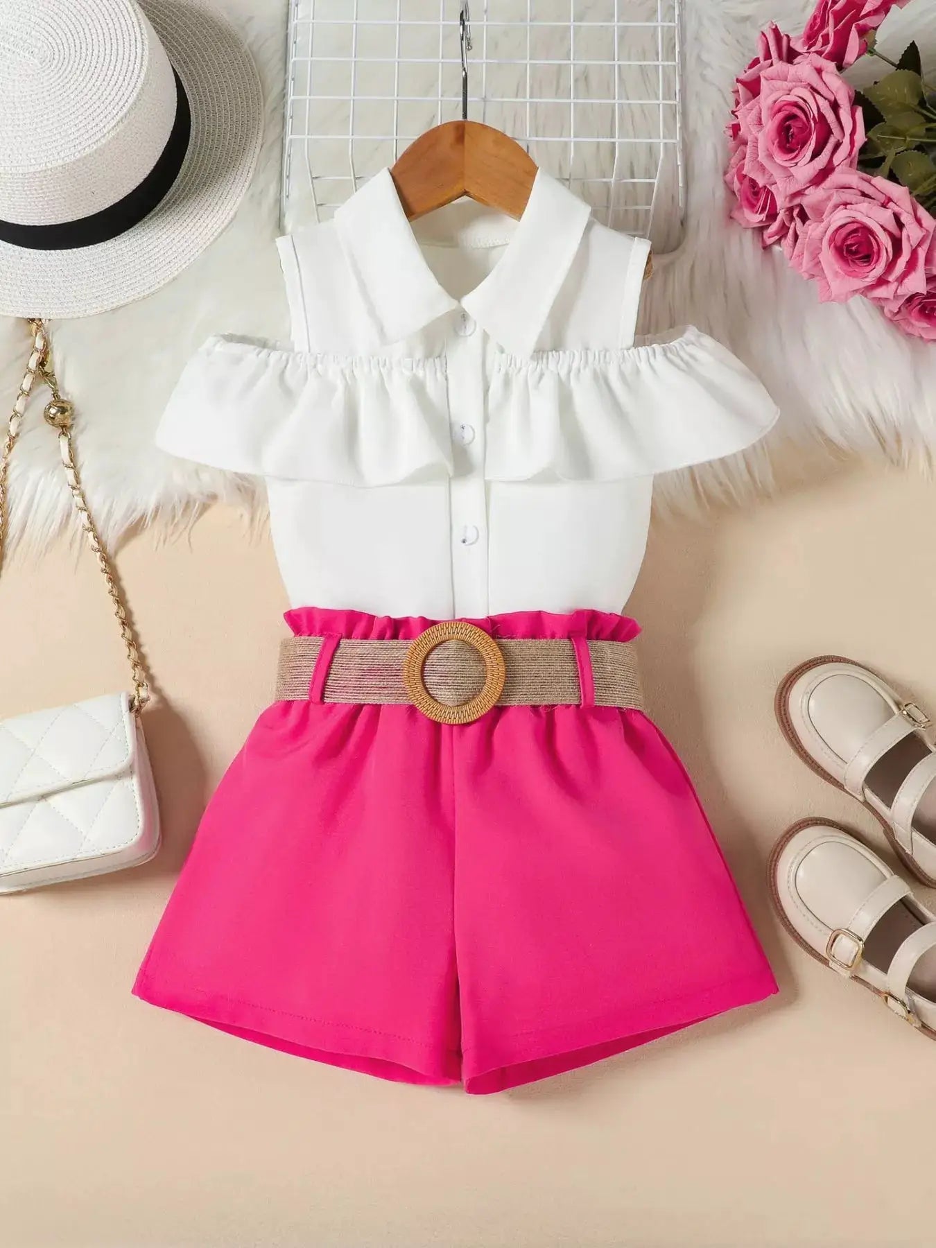 Girls White Ruffle Cold Shoulder Top and Shorts Set with Belt — Parfymia