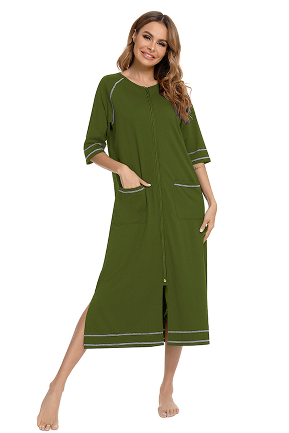 Women's Night Dress with Zip Front & Pockets