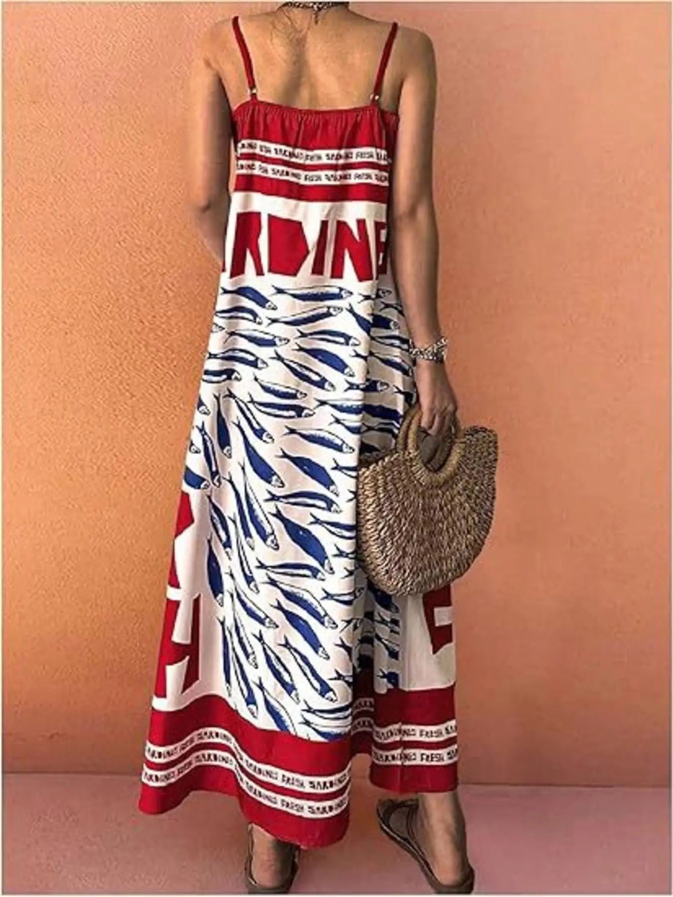 Sardine Print Spaghetti Strap Maxi Dress Trendsi