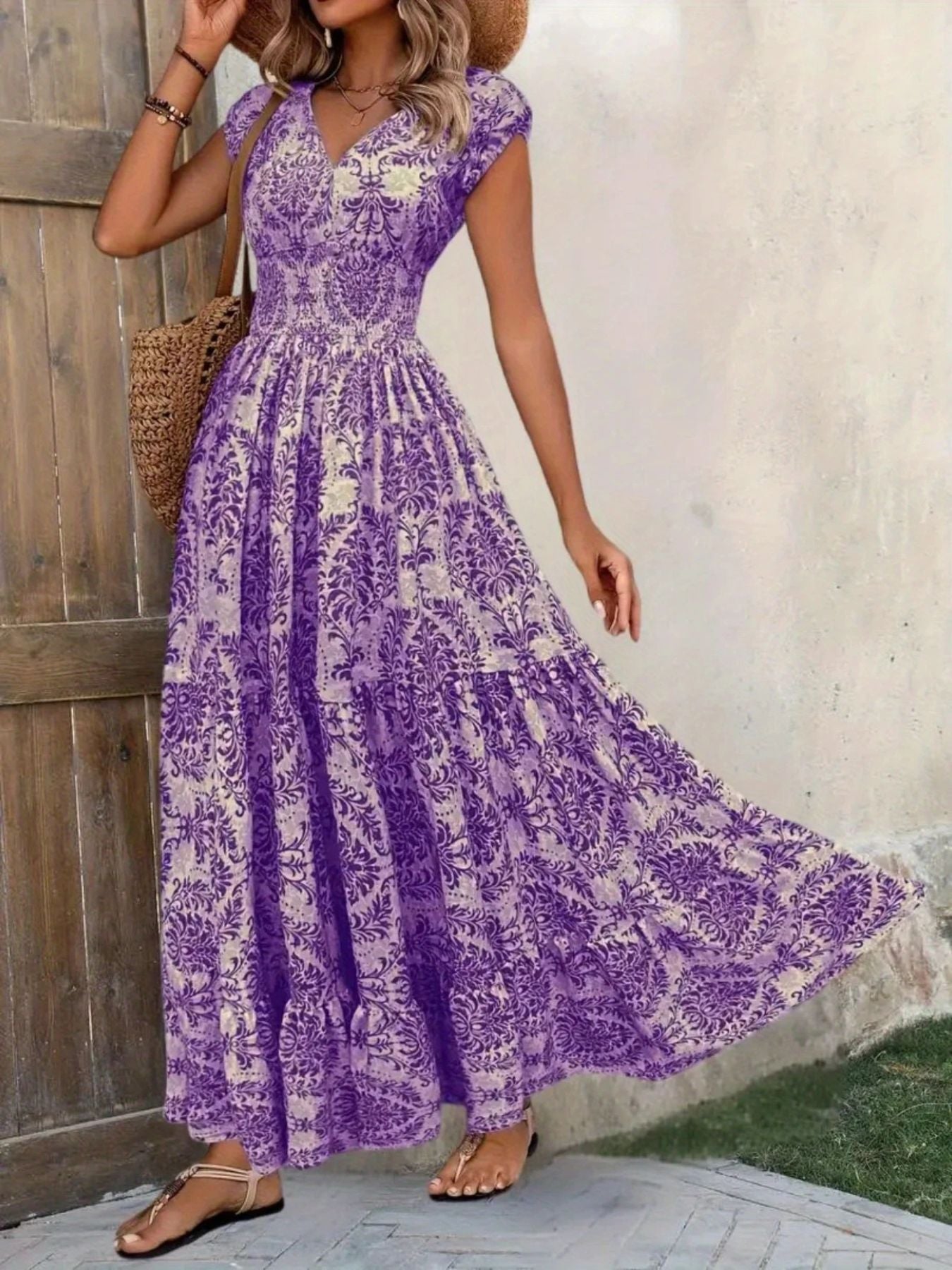 Printed Cap Sleeve Maxi Dress Trendsi