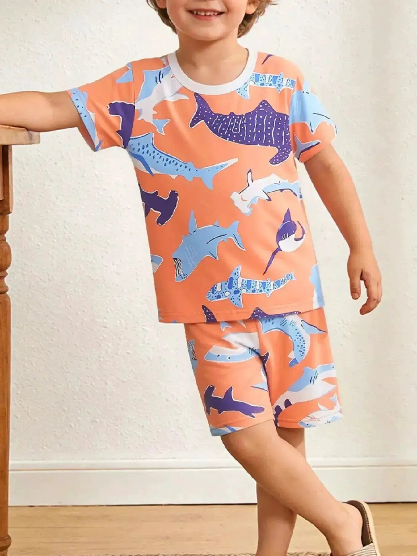 Shark Print Children's Casual Tee and Shorts Set by Parfymia