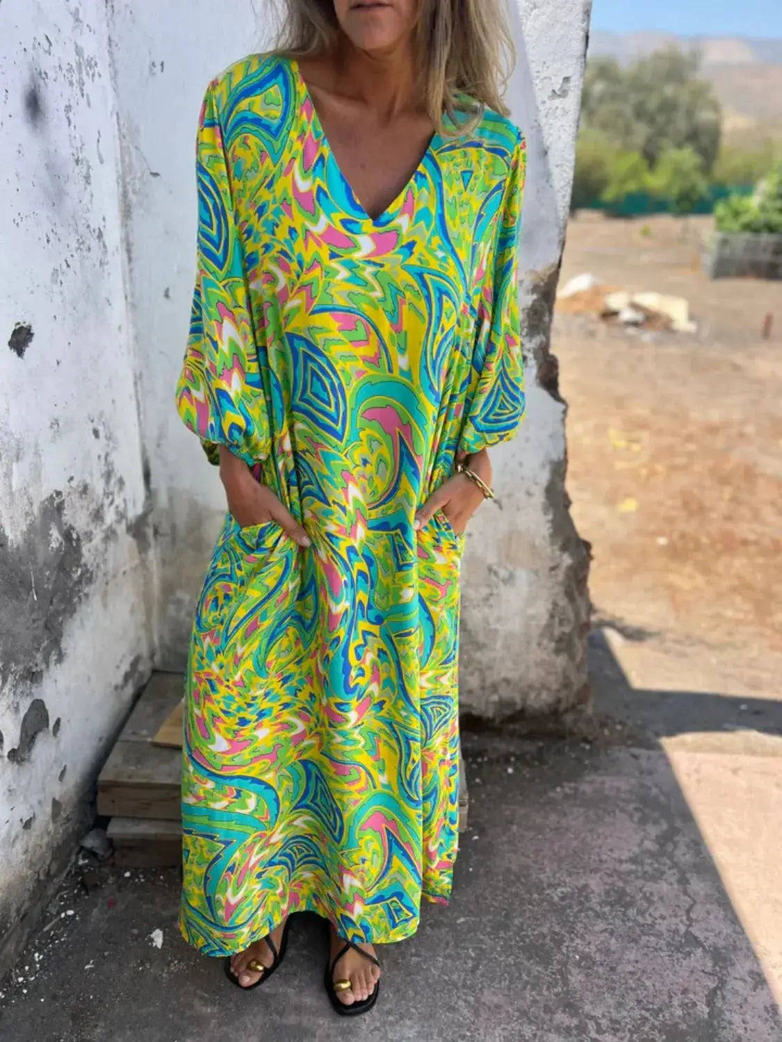 Full Size Printed V-Neck Dress with Pockets Plus Size Trendsi