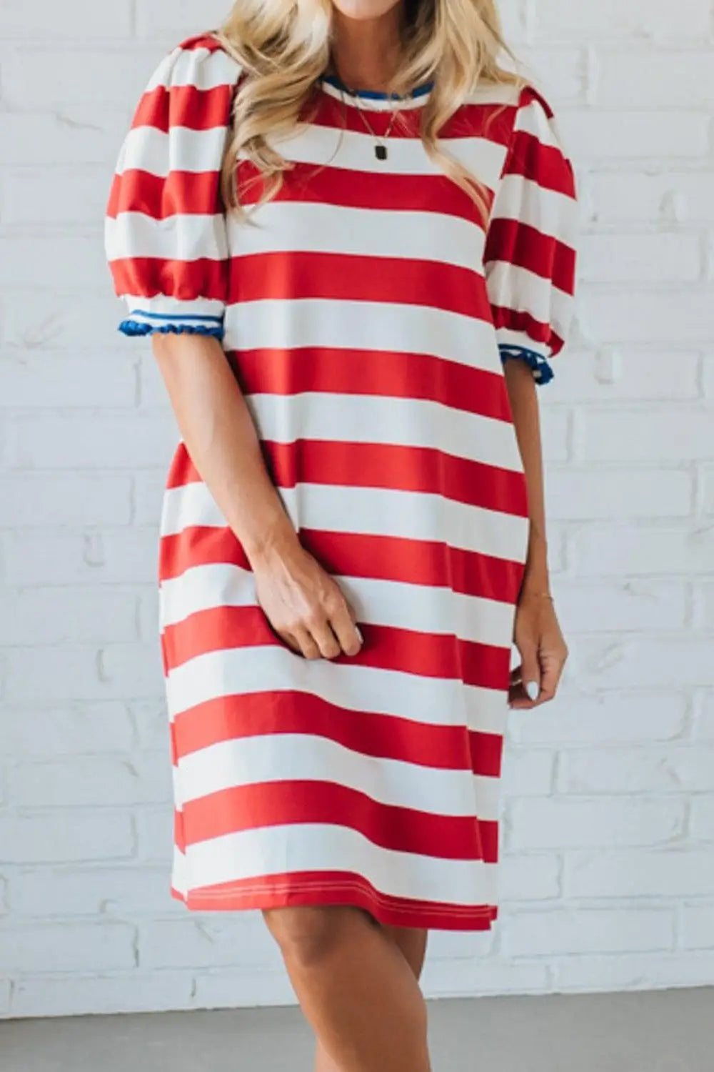 Striped Puff Sleeve Casual Mini Dress Trendsi