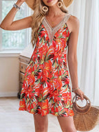 Tropical Leaf Print V-Neck Sleeveless Dress