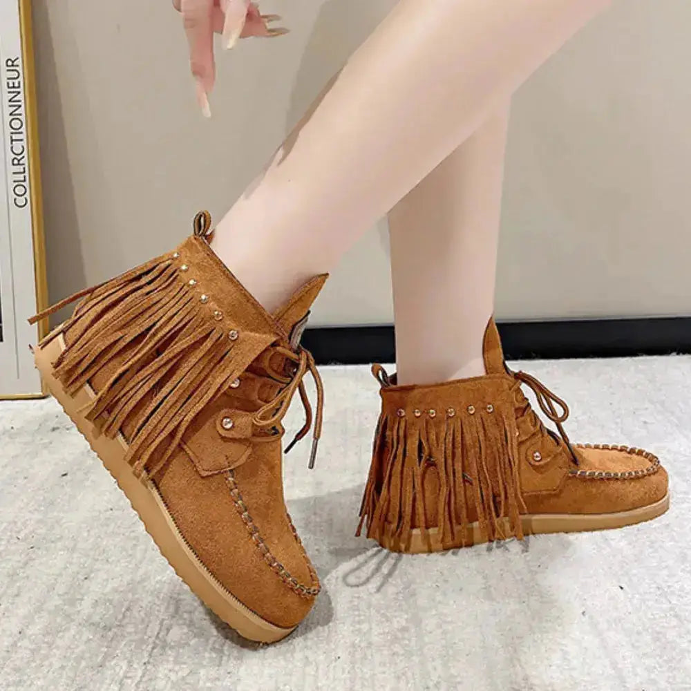 Canvas Fringe Studded Round Toe Boots by Parfymia