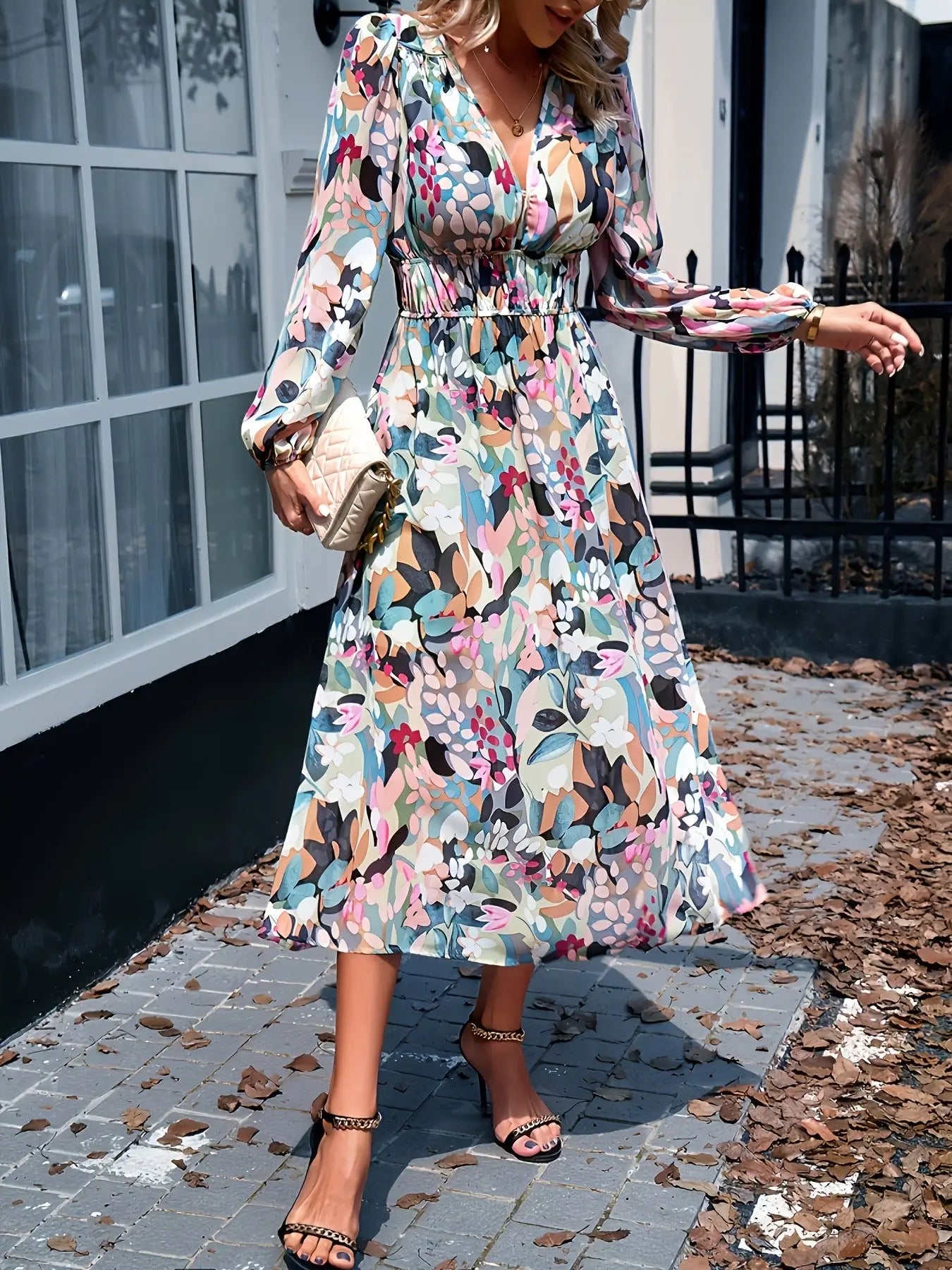 Floral Print Long Sleeve Midi Dress Trendsi