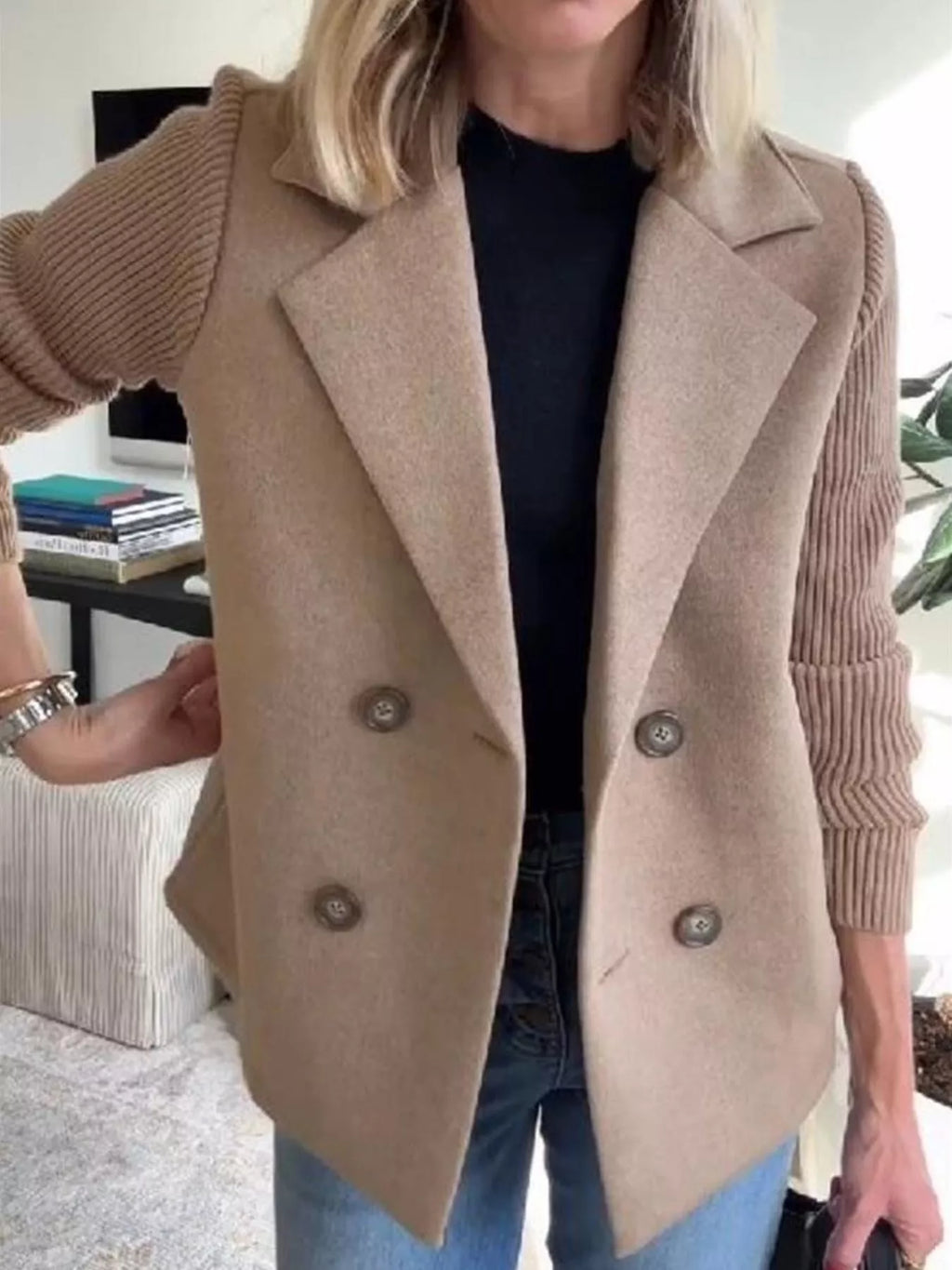 Women's Double-Breasted Jacket with Knit Sleeves