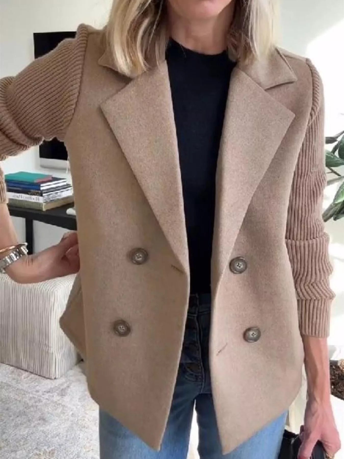 Women's Double-Breasted Jacket with Knit Sleeves