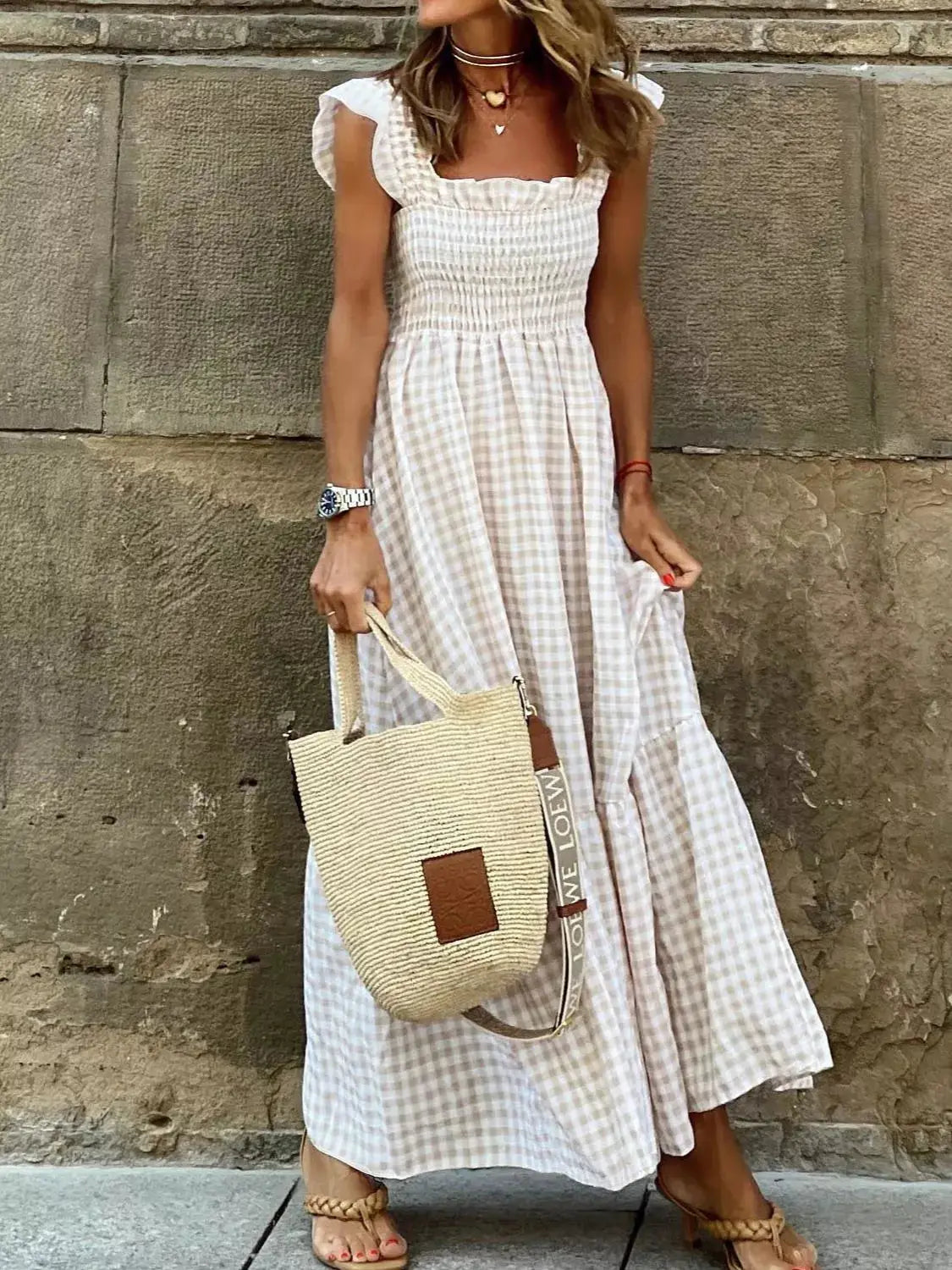 Full Size Gingham Smocked Ruffle Maxi Dress Plus Size Trendsi