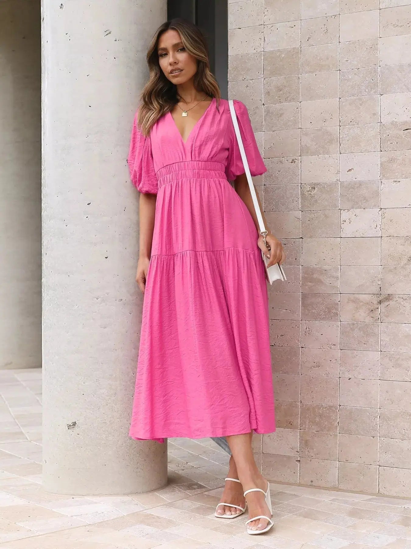 Tiered Puff Sleeve Midi Dress Trendsi