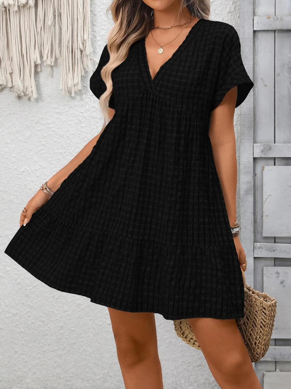 Plaid V-Neck Ruffle Hem Mini Dress Trendsi