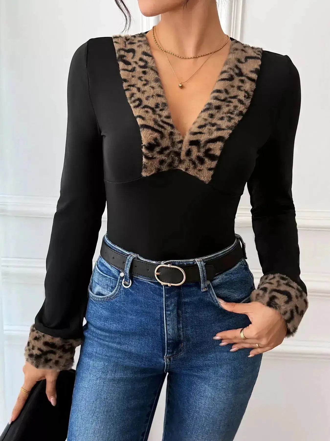 Leopard Trim V-Neck Long Sleeve Bodysuit by Parfymia