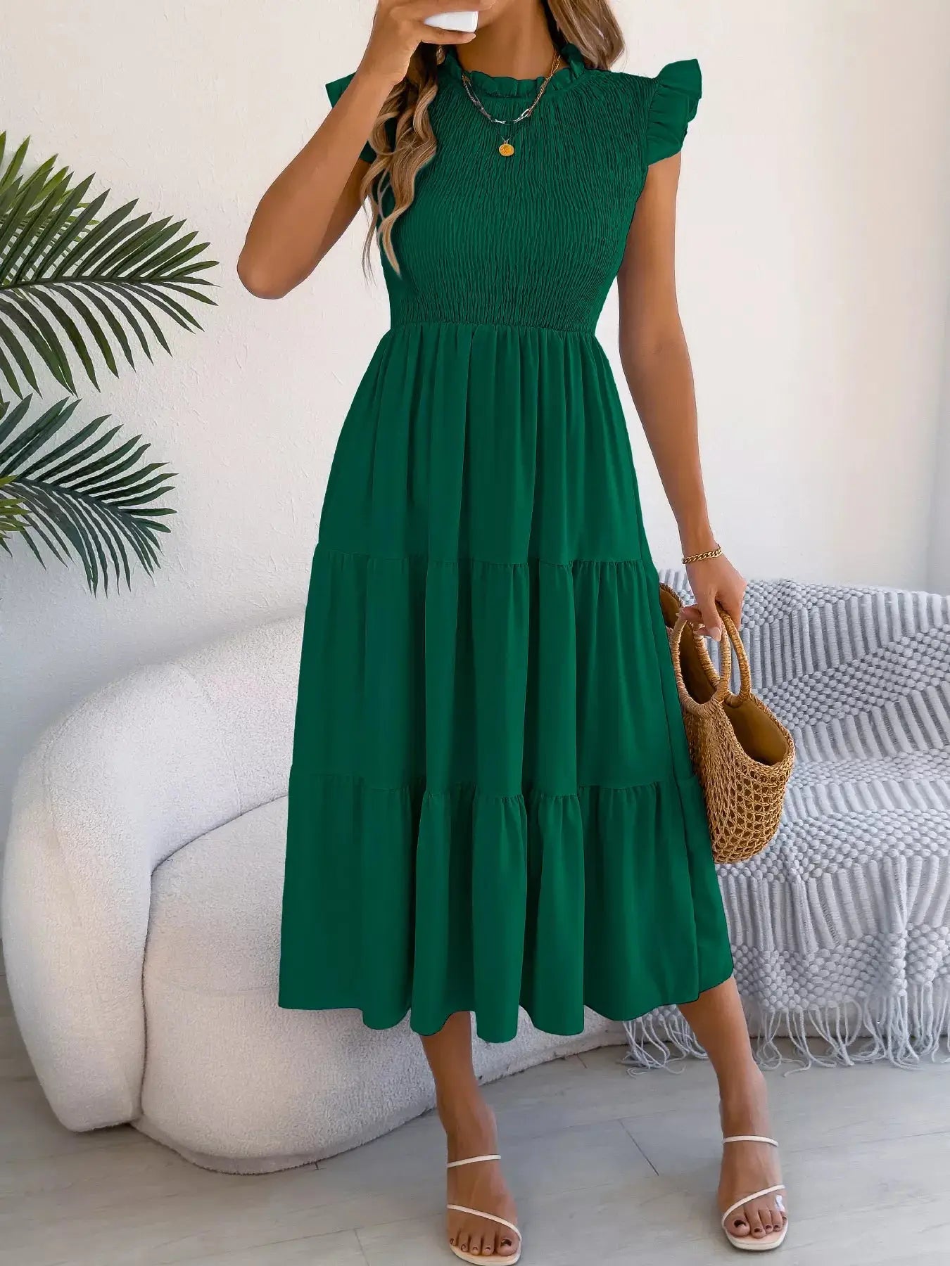Smocked Ruffled Cap Sleeve Dress Trendsi