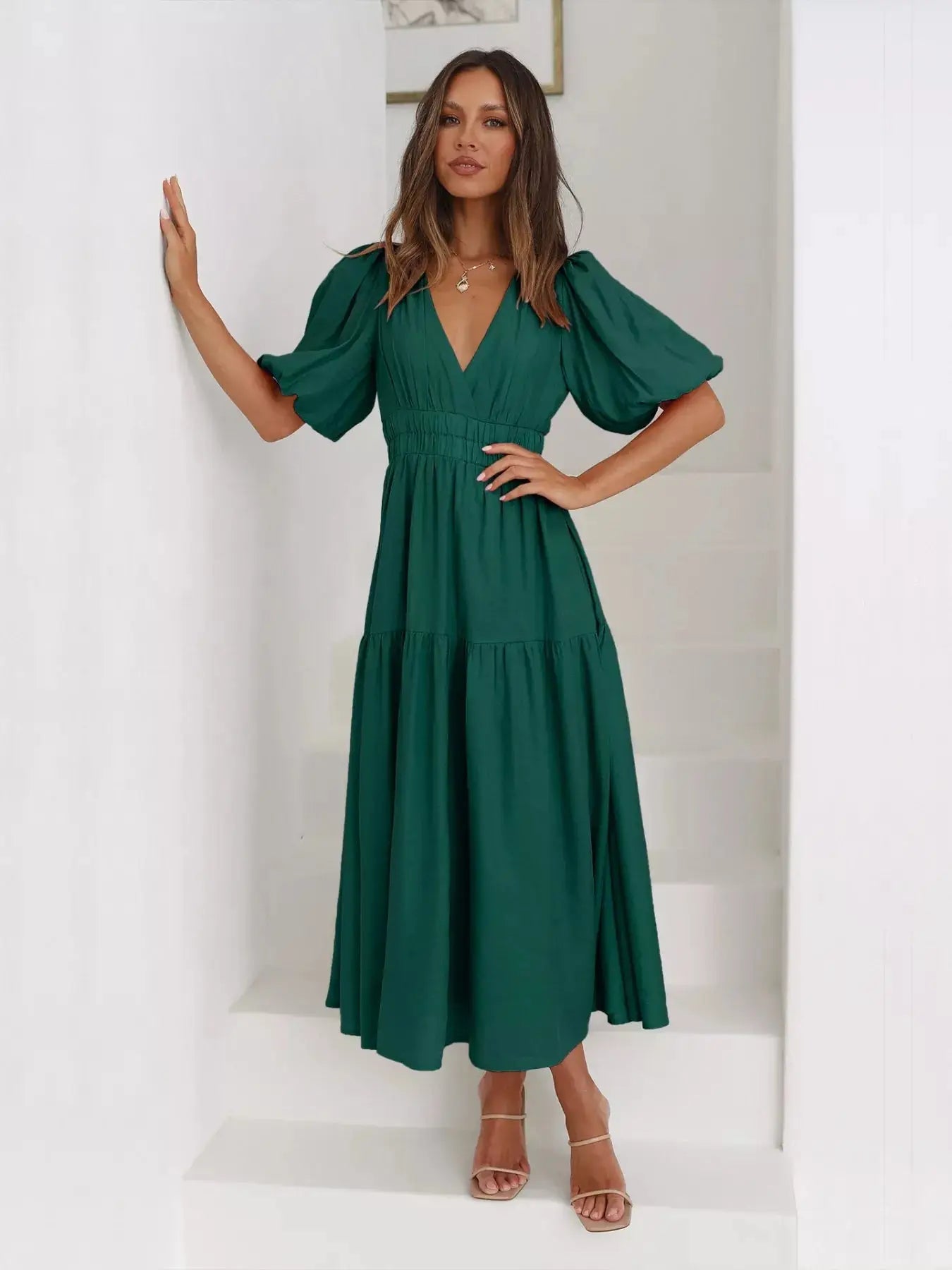 Tiered Puff Sleeve Midi Dress Trendsi