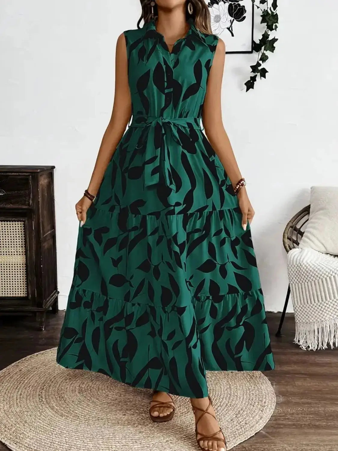 Printed Tie Waist Sleeveless Maxi Dress Trendsi