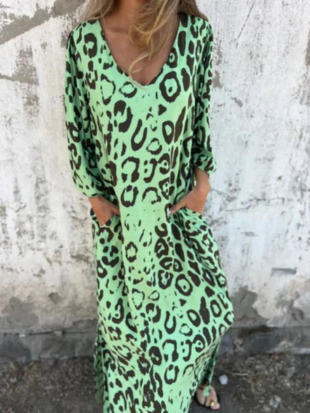 Full Size Printed V-Neck Dress with Pockets Plus Size Trendsi