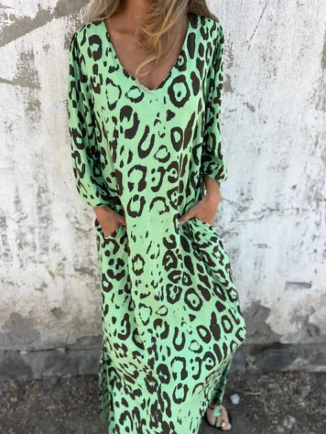 Full Size Printed V-Neck Dress with Pockets Plus Size Trendsi