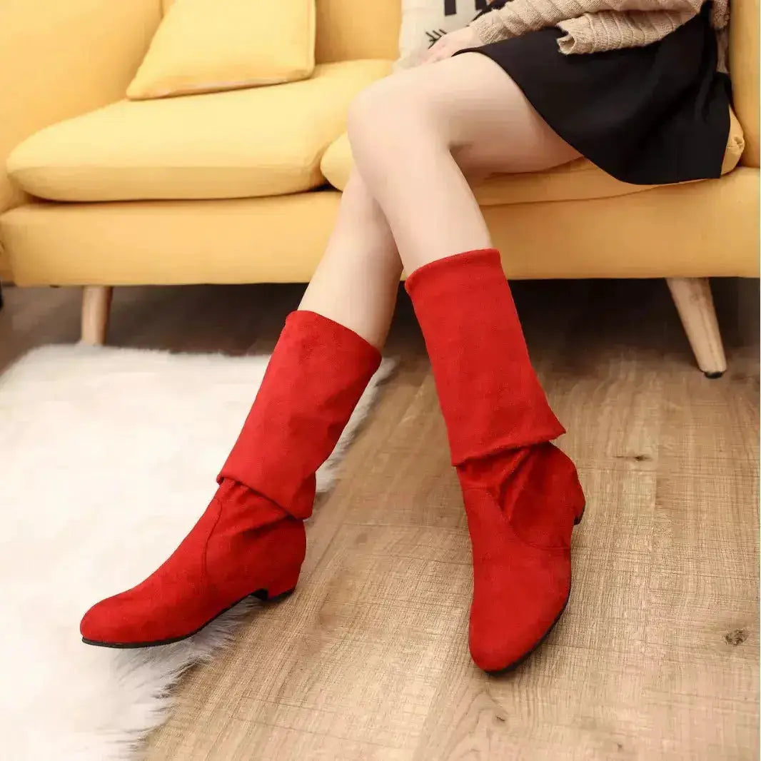 Suede Round Toe Block Heel Boots by Parfymia