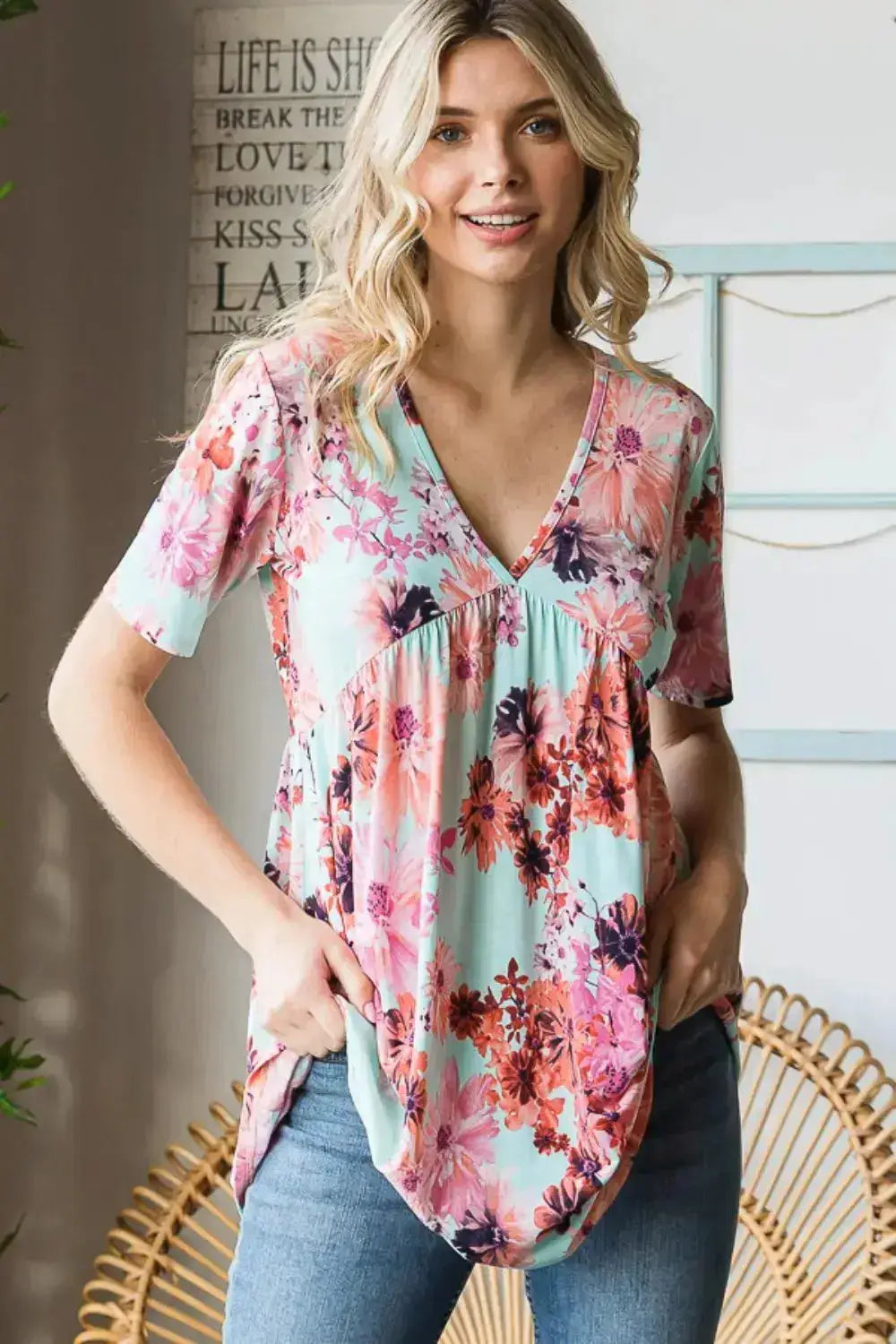 Floral V-Neck Babydoll Blouse by Heimish by Parfymia