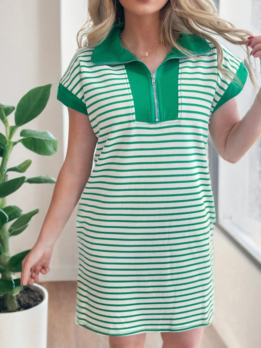 Stripe Quarter Zip Polo Collar T Shirt Dress with Pockets Trendsi