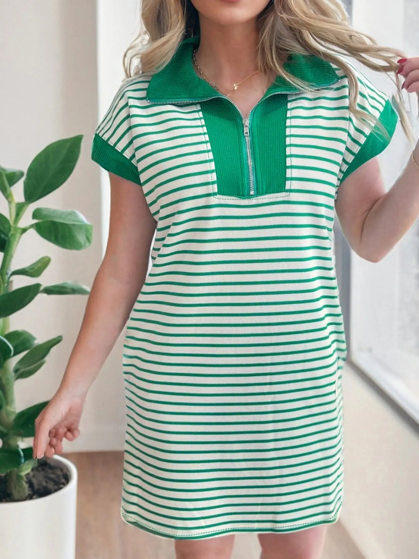 Stripe Quarter Zip Polo Collar T Shirt Dress with Pockets Trendsi