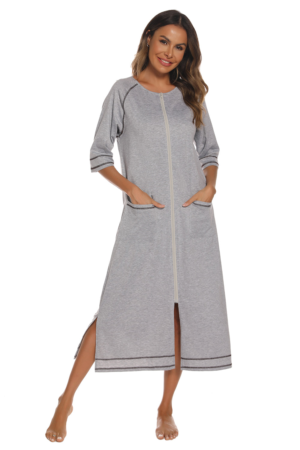 Women's Night Dress with Zip Front & Pockets