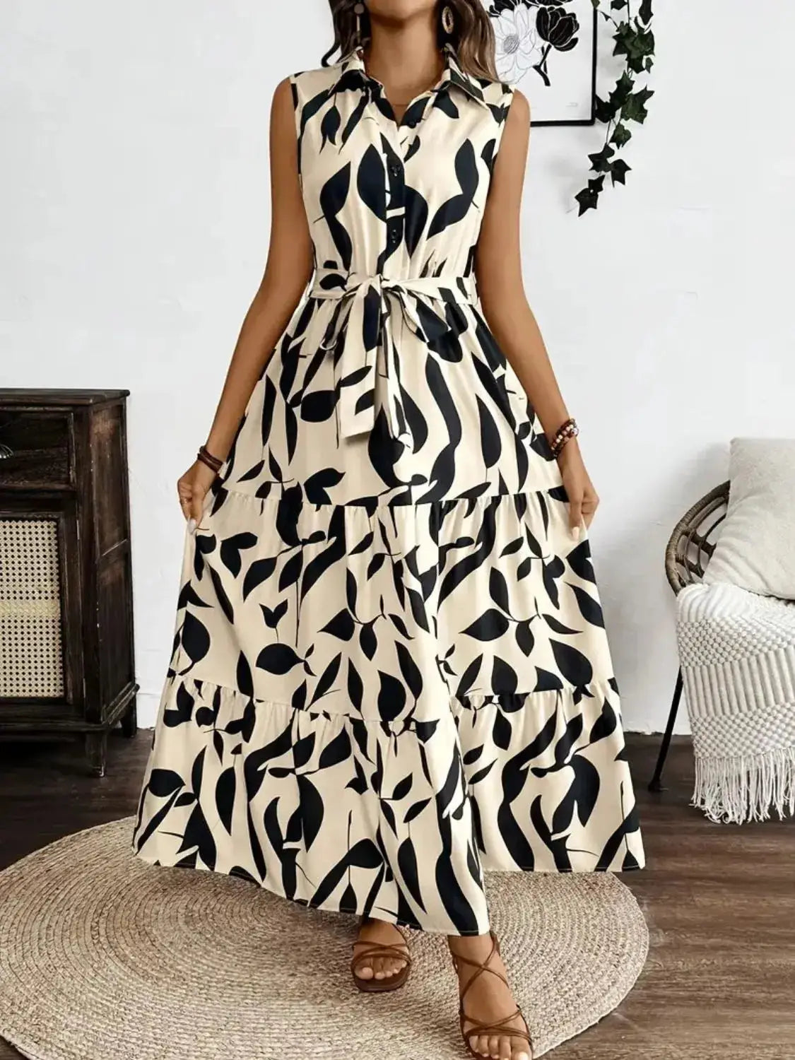 Printed Tie Waist Sleeveless Maxi Dress Trendsi