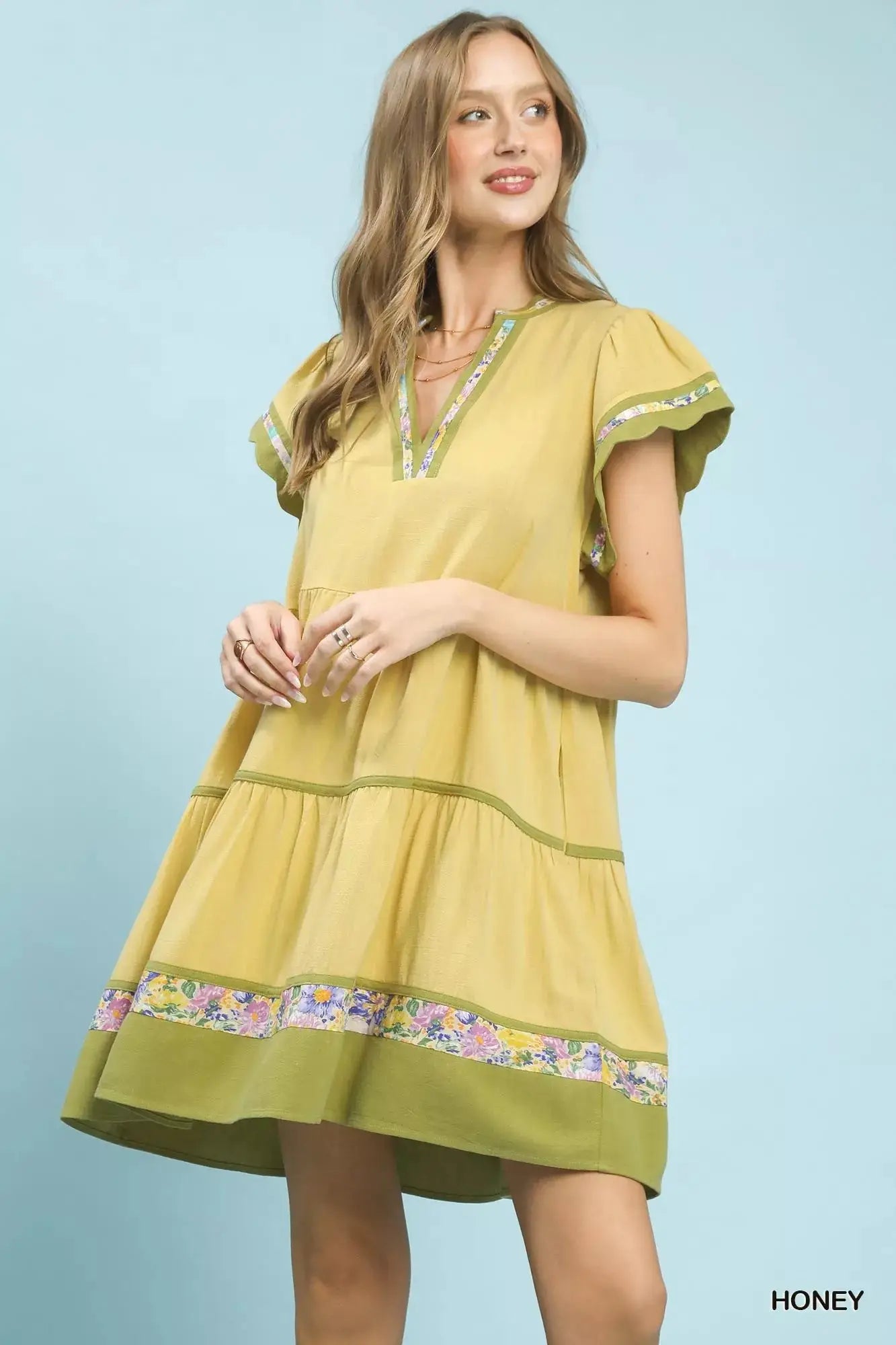 Umgee Linen Tiered Flutter Sleeve Dress with Floral Trim Trendsi
