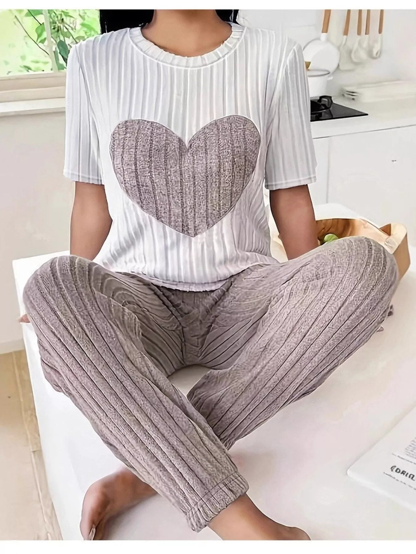 Women's Loungewear Heart Ribbed Knit Set