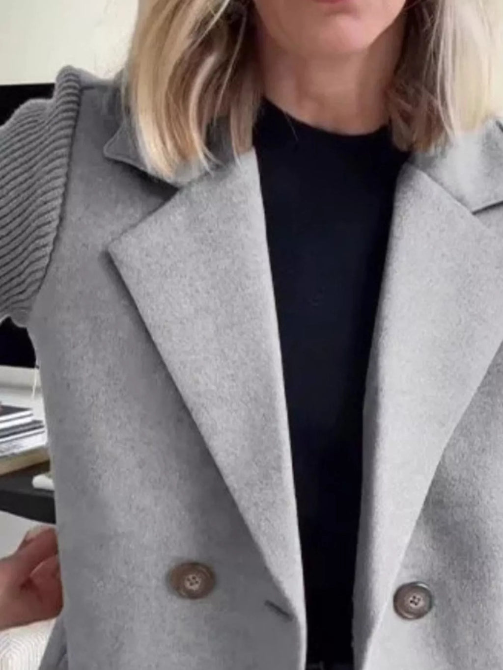 Women's Double-Breasted Jacket with Knit Sleeves