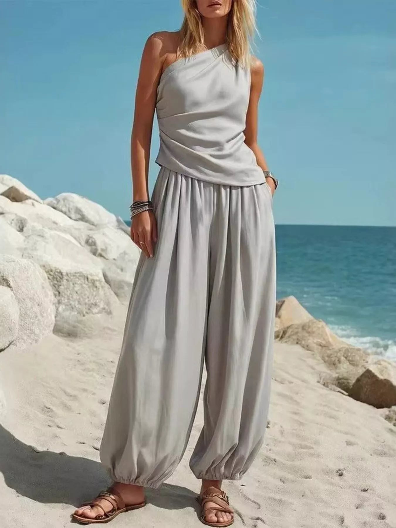 Women's Pants Set – One-Shoulder Top & Wide Leg