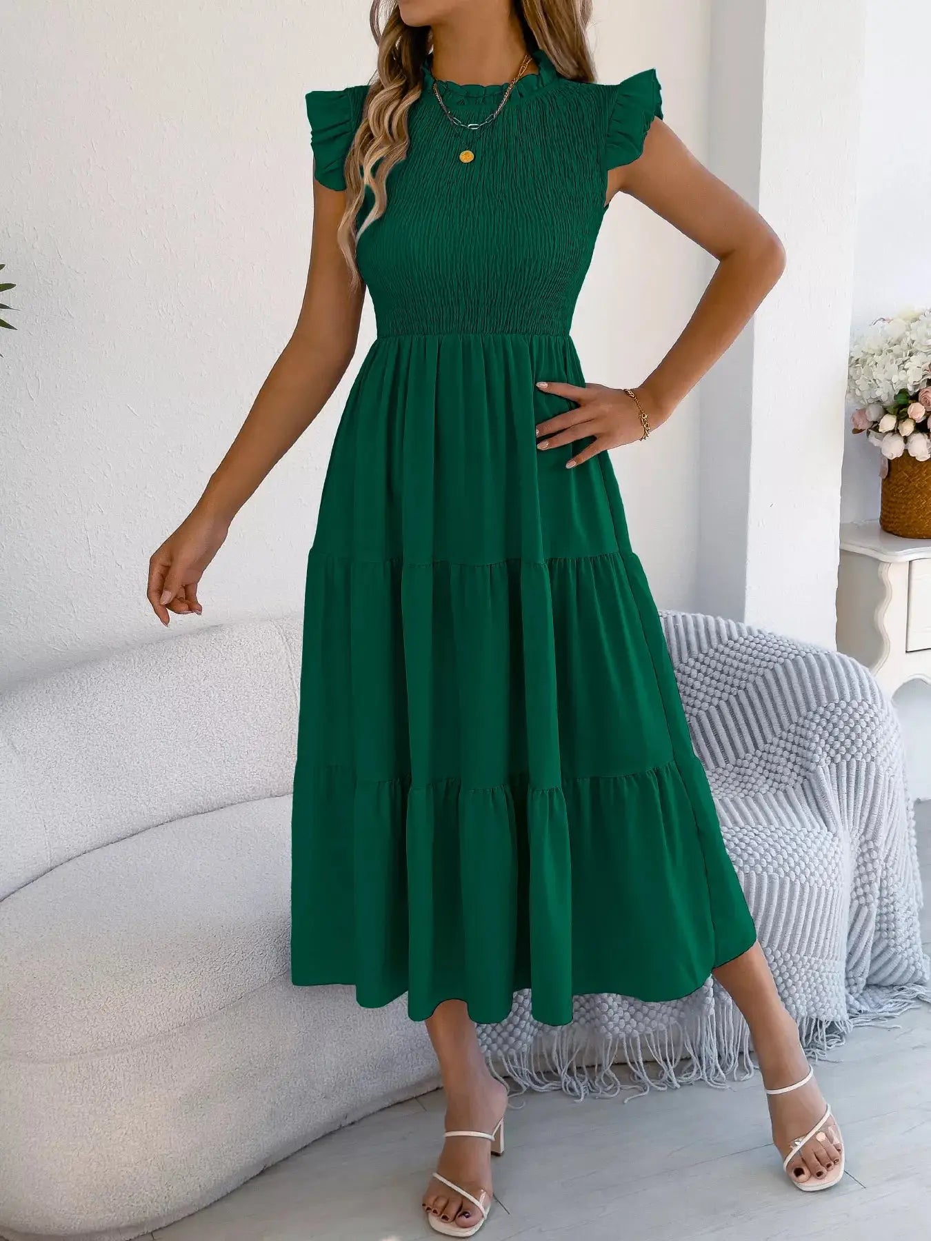 Smocked Ruffled Cap Sleeve Dress Trendsi