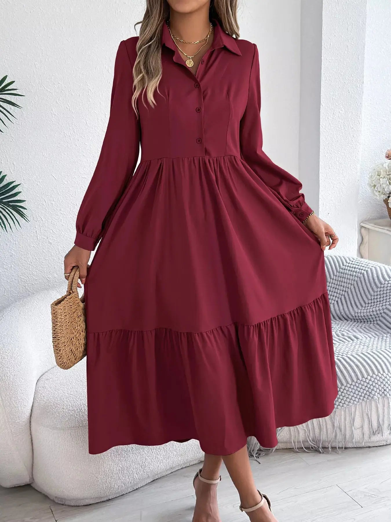 Long Sleeve Tiered Button Front Midi Dress Trendsi