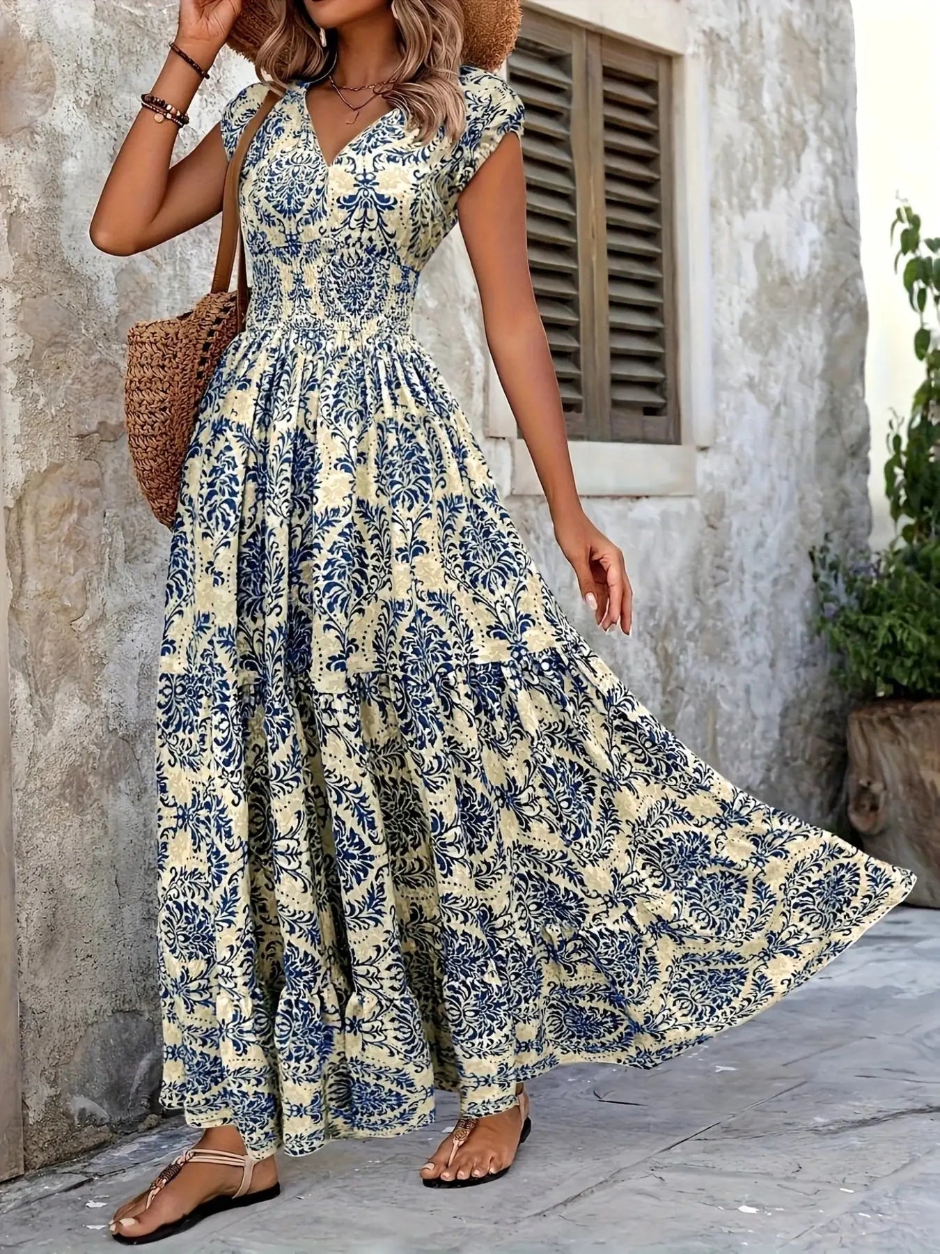 Printed Cap Sleeve Maxi Dress Trendsi