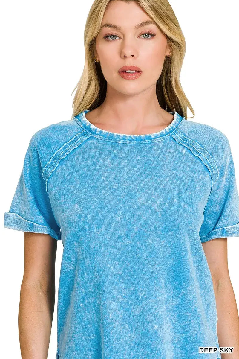 Zenana Deep Sky French Terry Curved Hem Top Loose Fit — Parfymia