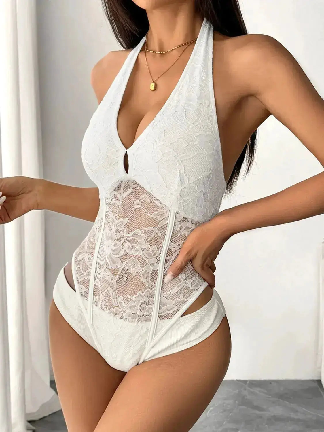 Lace Halter Neck Bodysuit by Parfymia