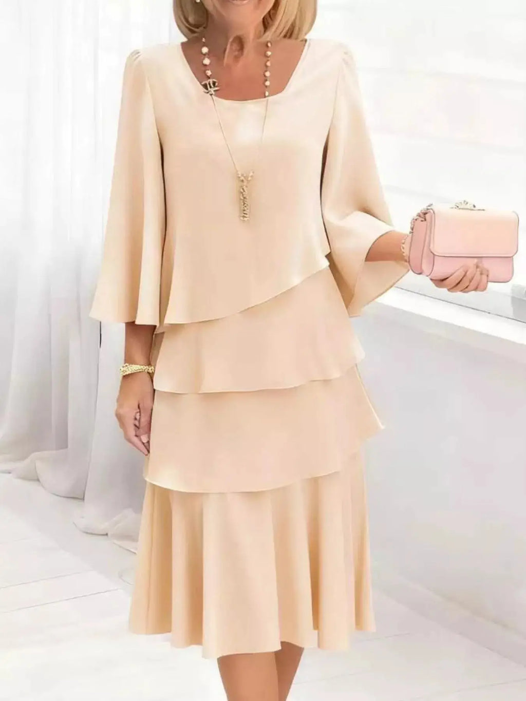 Full Size Ruffled Layered 3/4 Sleeve Dress Plus Size Trendsi