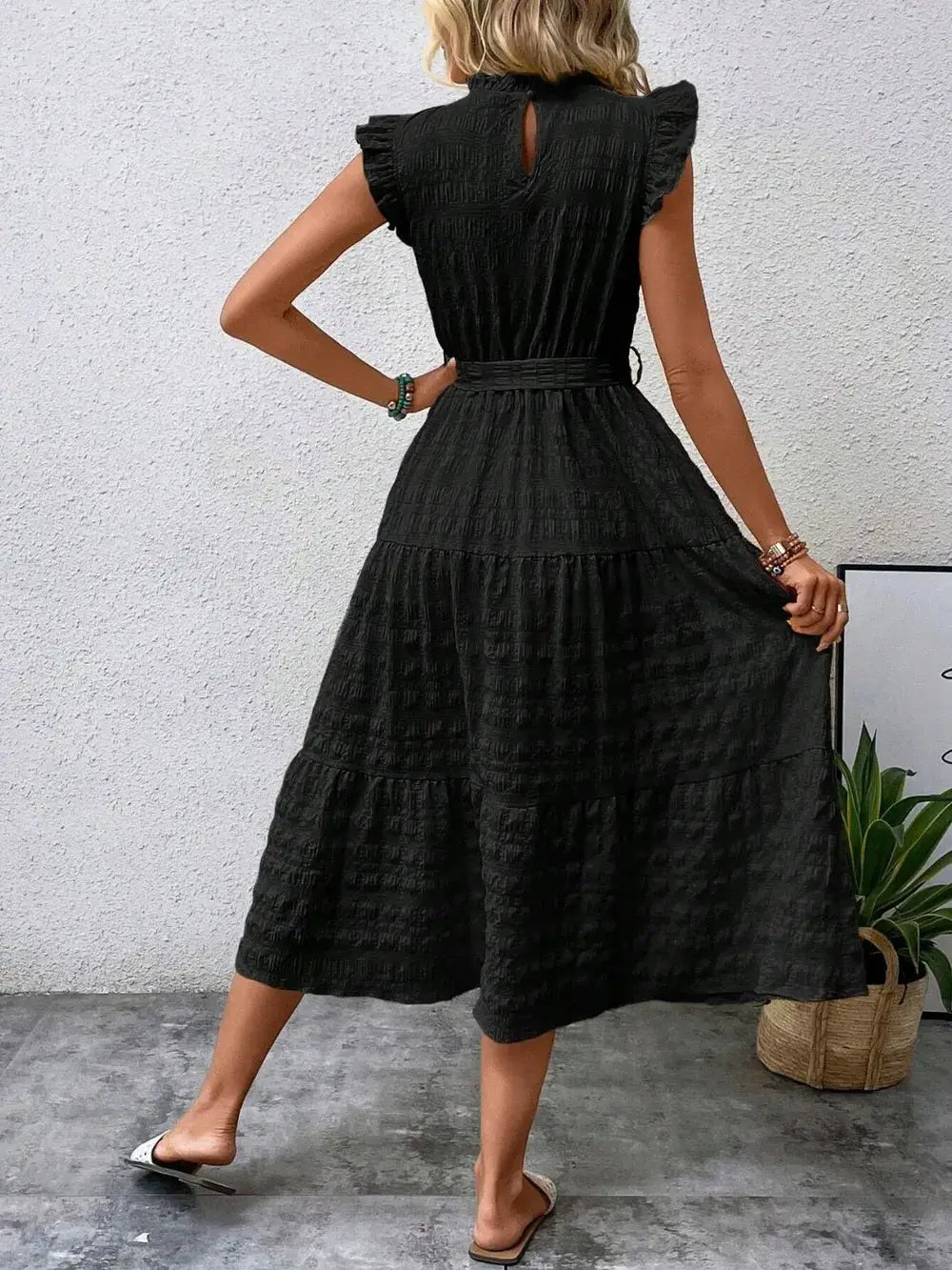 Tied Ruffled Cap Sleeve Midi Dress Trendsi