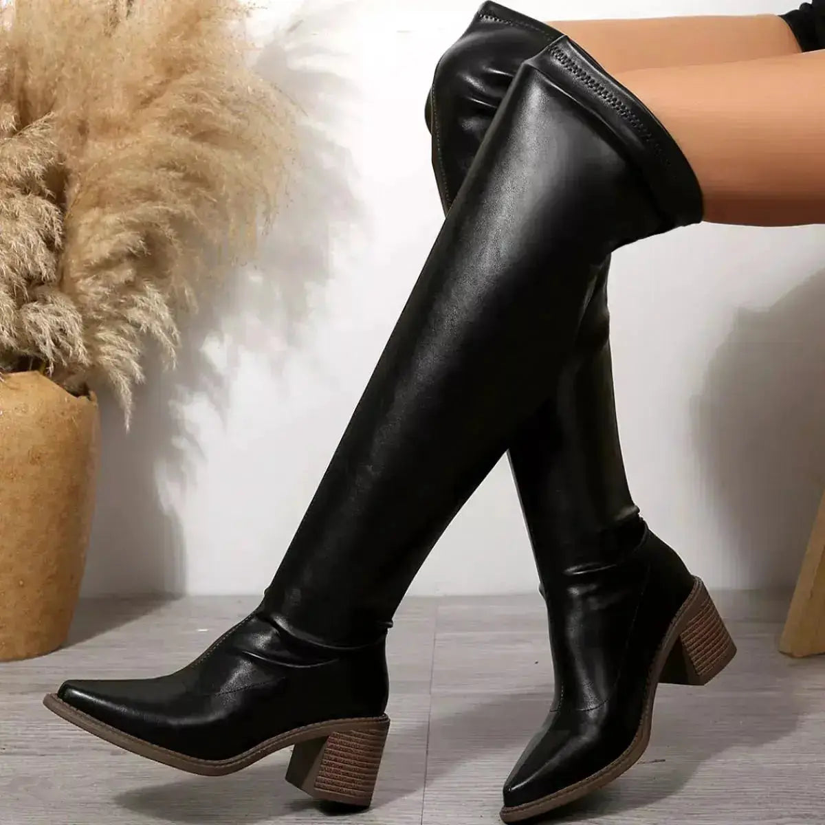 PU Leather Point Toe Block Heels Boots by Parfymia