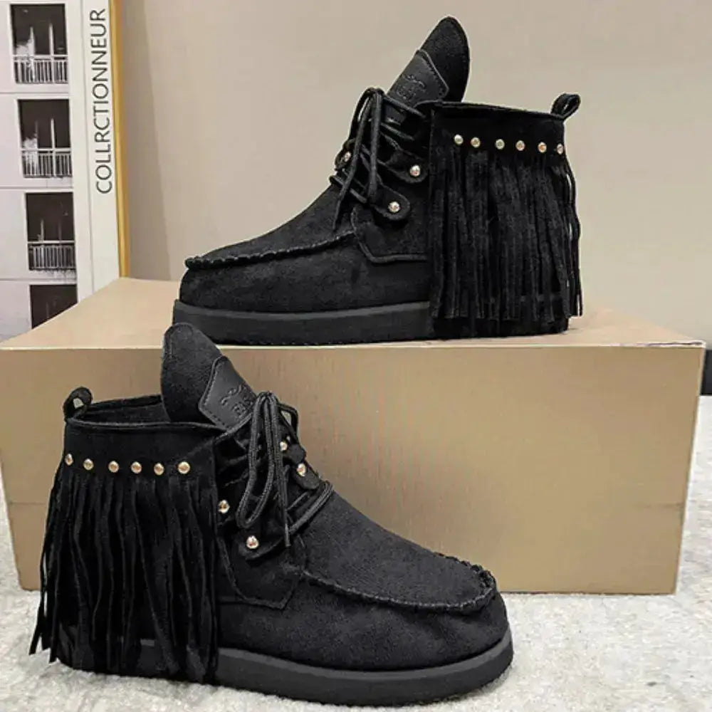 Canvas Fringe Studded Round Toe Boots by Parfymia