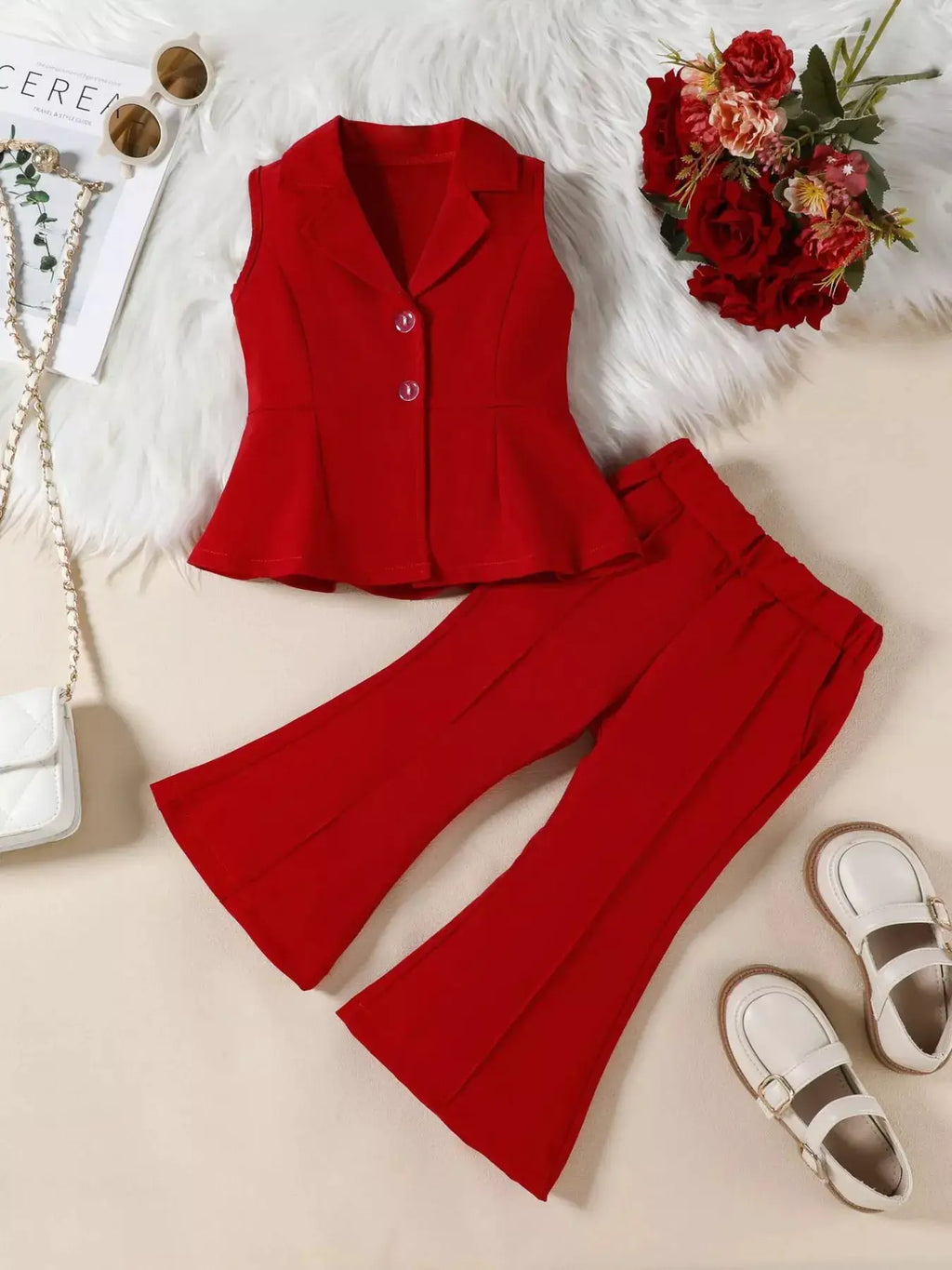 Pink Sleeveless Blazer and Flare Pants Two Piece Set for Women — Parfymia