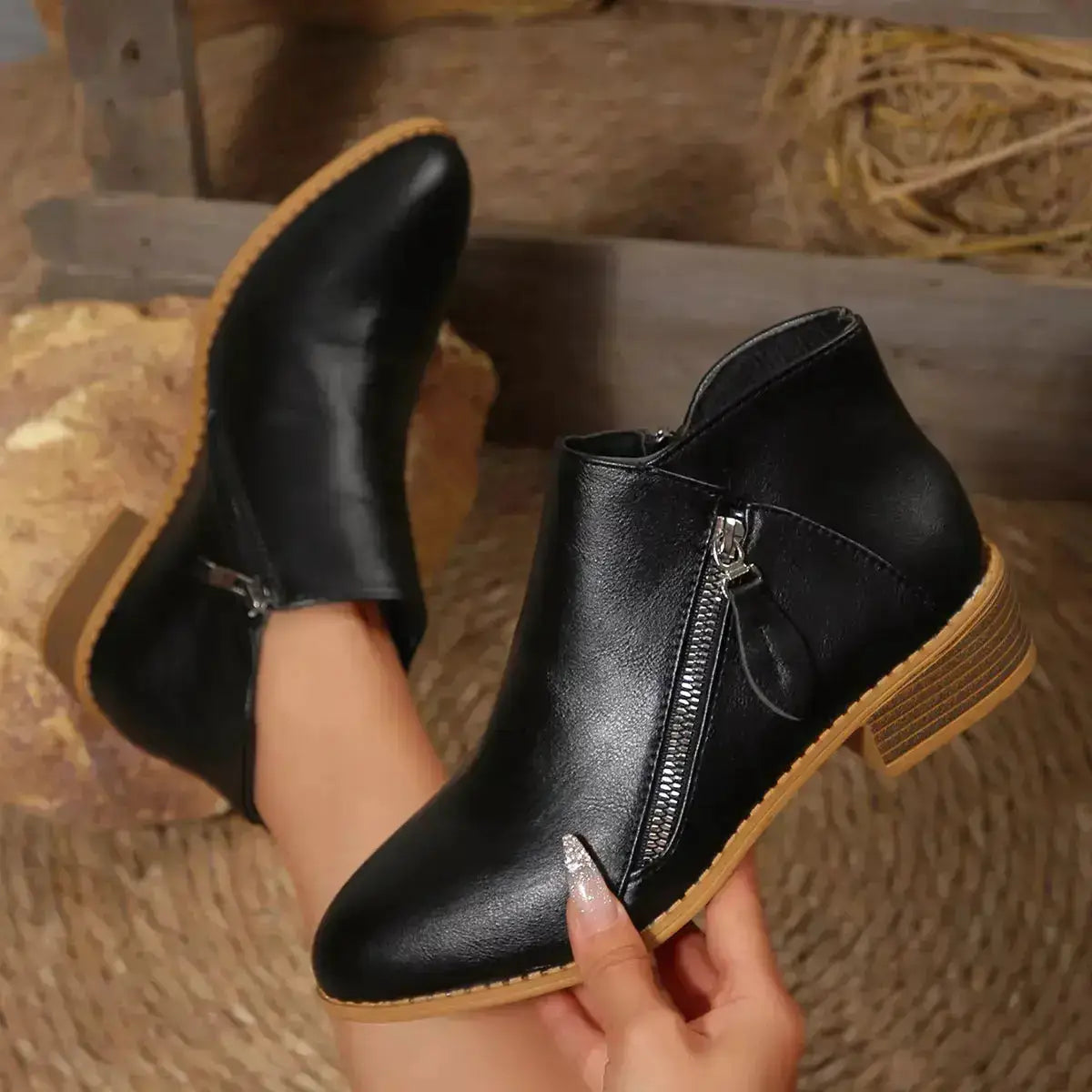 PU Leather Block Heels Ankle Boots for Women by Parfymia
