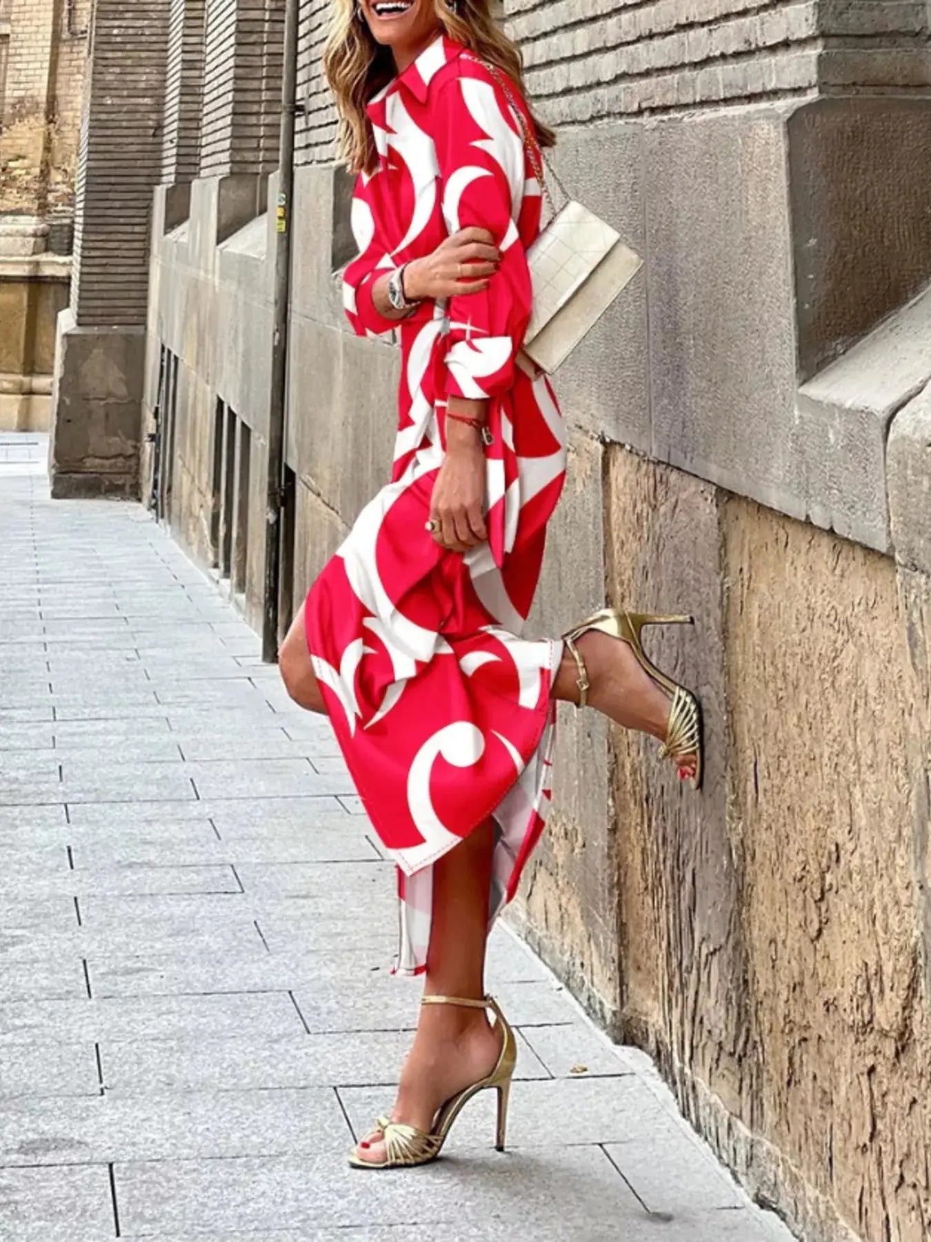 Printed Collared Neck Shirt Dress Trendsi